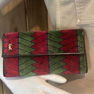 Roberta di Camerino Red and Green Chevron wallet clutch check book continental